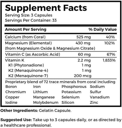 Dr. Clark Store Coral Cal-Mag K2 – 993mg, 100 Gelatin Capsules, Supports Bone Health, pH Balance, 72 Trace Minerals & Vitamin K