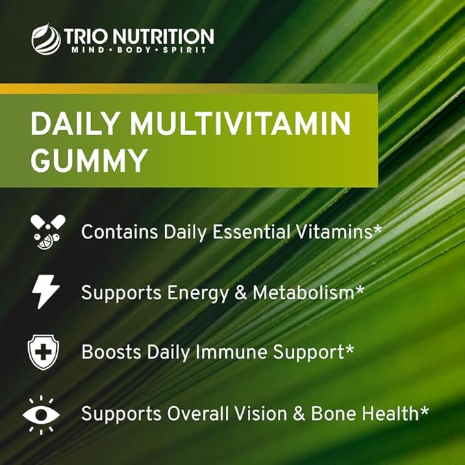 TRIO NUTRITION Daily Multivitamin Gummies for Men & Women - Natural Fruit Flavor with Essential Vitamins A, B, C, D, E & Zinc - Gluten-Free Immune Support & Energy Boost Supplement
