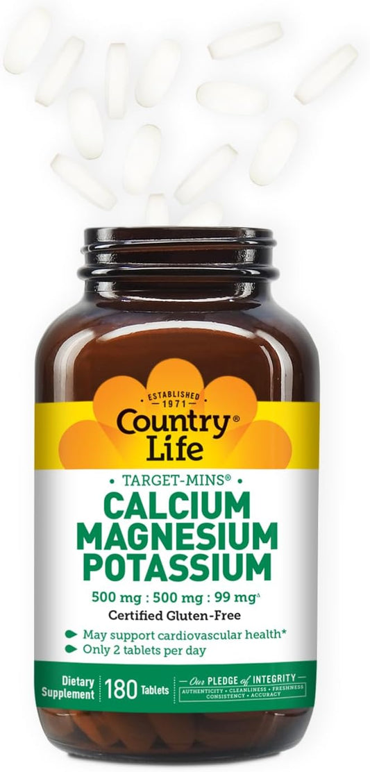 Country Life Target Mins - Calcium Magnesium Potassium Bone & Heart Health Supplement, 1000mg Calcium, 500mg Magnesium, Supports Calcium Utilization, 180 Tablets – Certified Gluten Free & Vegan
