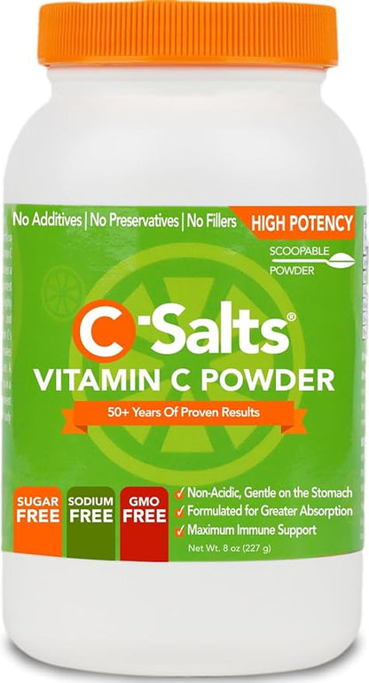 C-Salts Original Vitamin C Powder Supplement - 100% Pure High Dose Buffered Vitamin C Powder for Immune Support - Sugar-Free Powdered Drink Ascorbate, Organic, Stomach-Friendly, Original 8oz