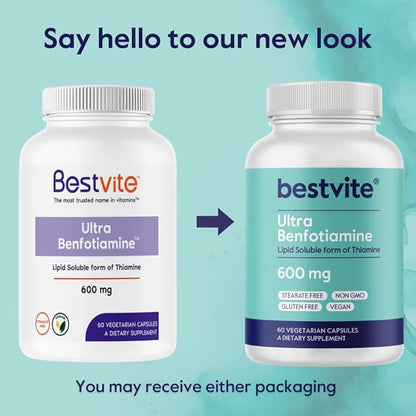 Ultra Benfotiamine 600mg per Capsule (120 Vegetarian Capsules) (60x2) No Stearates - No Silicon Dioxide - Vegan - Non GMO - Gluten Free - Maximum Strength Benfotiamine