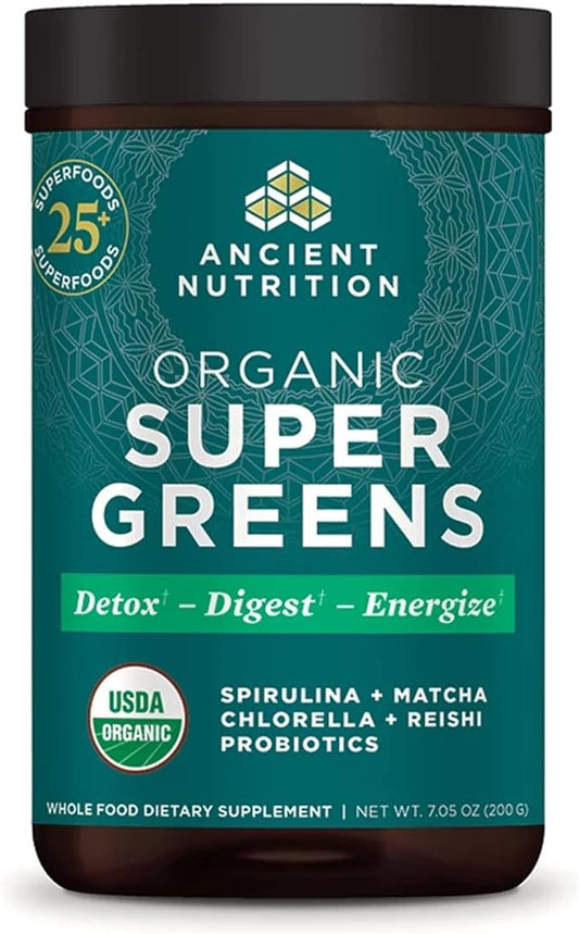 Ancient Nutrition Super Greens Powder, Organic Superfood Powder with Probiotics Made with Spirulina, Chlorella, Matcha, and Digestive Enzymes, 25 Servings, 7.05oz