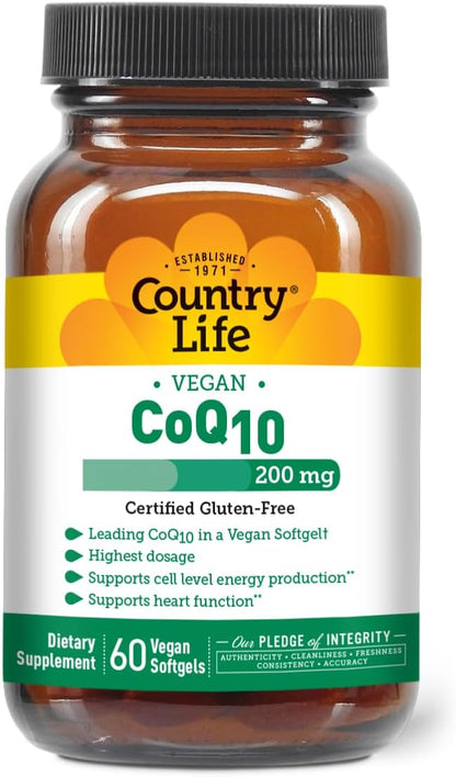 Country Life Simply CoQ10 200mg – Supports Heart Function & Cellular Energy, Vegan Softgels, Certified Gluten-Free, Non-GMO, 60 ct – Cardiovascular Health Supplement
