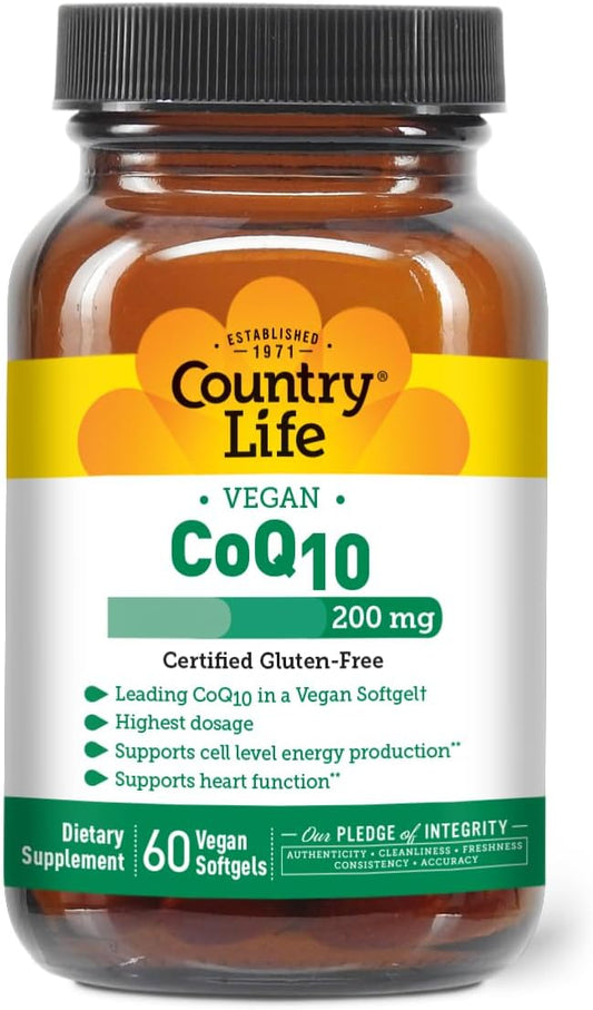 Country Life Simply CoQ10 200mg – Supports Heart Function & Cellular Energy, Vegan Softgels, Certified Gluten-Free, Non-GMO, 60 ct – Cardiovascular Health Supplement