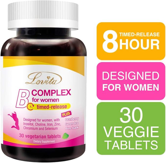 Lovita High Potent Vitamin B Complex for Women, Timed Release, All B Vitamins with Iron, Vitamin C, Cranberry, Pine Bark, Green Tea for Energy, 30 Vegetarian Tablets (Pack of 3)