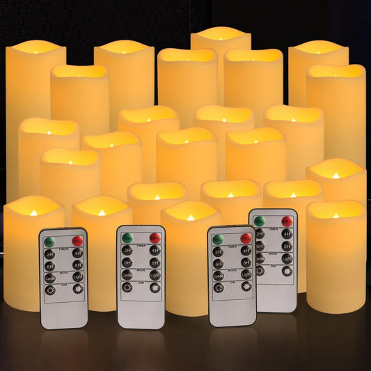 Set of 24 Waterproof Outdoor Flameless Candles, LED Candles with 4 Remote and Timer,(H 4" 5" 6" x D 2.2"),for Halloween Wedding Festiv