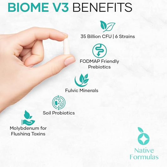 Biome V3 Probiotic, Prebiotic, & Fulvic Minerals Supplements - 35 Billion CFU - 6 Strains - 60 Vegan Capsules - Women & Men - FODMAP Friendly - Supports Digestive, Immune & Gut Health