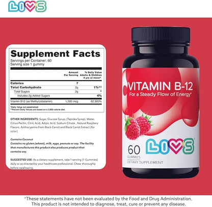 Vitamin B12 Gummies for Adults & Kids | Vegan Methylcobalamin B12 Supplement | Energy, Metabolism & Nerve Support | Raspberry Flavor | Non-GMO, Gluten-Free, Pectin-Based | 60 Count