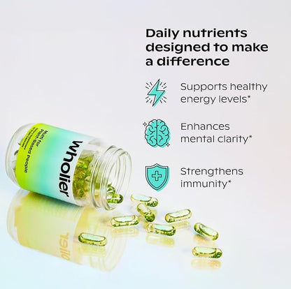 Wholier Plant Based Multivitamin Vegan Omega-3 DHA EPA, Vitamin D, Vitamin B12, Zinc, Vitamin K2, Iron, Iodine, Selenium. 60 Count (30-Day Supply) Glass Bottle