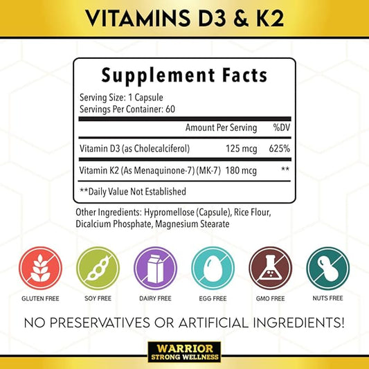 Vitamin D3 and K2 Supplement - 5000IU Vitamin D3 and 180MCG Vitamin K2 Supplement - Immune, Heart Health - 2 Month-Supply, 60 Veggie Capsules