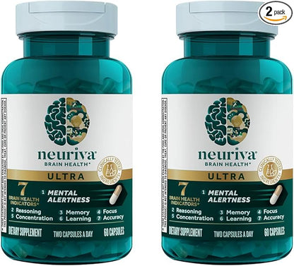 NEURIVA Ultra Brain Supplement for Mental Alertness, Memory, Focus & Concentration with Clinically Tested Cognivive, Neurofactor, Phosphatidylserine, Vitamins B6 & B12, 60 Count Capsules (2 Pack)