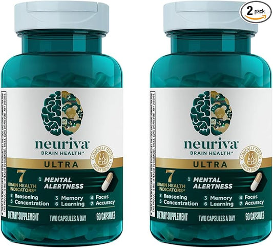 NEURIVA Ultra Brain Supplement for Mental Alertness, Memory, Focus & Concentration with Clinically Tested Cognivive, Neurofactor, Phosphatidylserine, Vitamins B6 & B12, 60 Count Capsules (2 Pack)