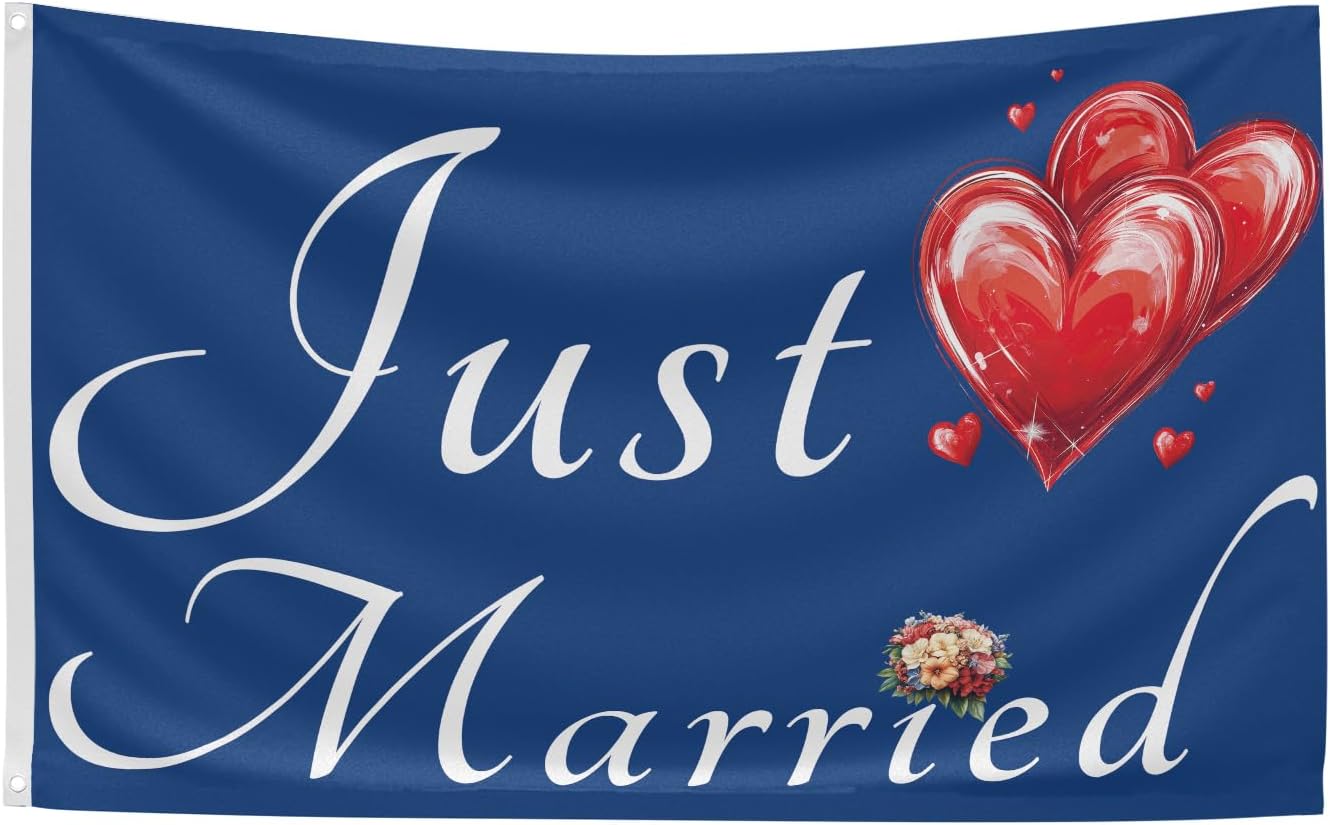 Just Married Flag Banner Outdoor Indoor Decoration Flag 3x5 FT Double Stitched Polyester with Brass Grommets (Blue)