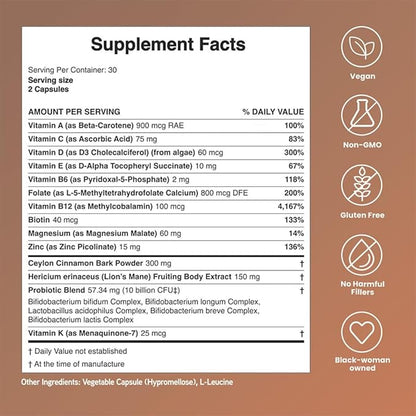 Mela Daily Essentials Multivitamin for Melanated Women - High-Dose Vitamin D3 and B12, Probiotics, Lion's Mane, Ceylon Cinnamon - Vegan, Gluten Free, Non-GMO, 30 Day Supply (60 Capsules)