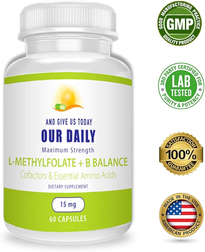 Our Daily Vites L-Methylfolate 15 MG B Complex Balance 5 MTHF Active Folate, Methylated B12, B9, B6, B2 Brain, Heart and Fetal Health, Non-GMO, 60 Count 2 Months