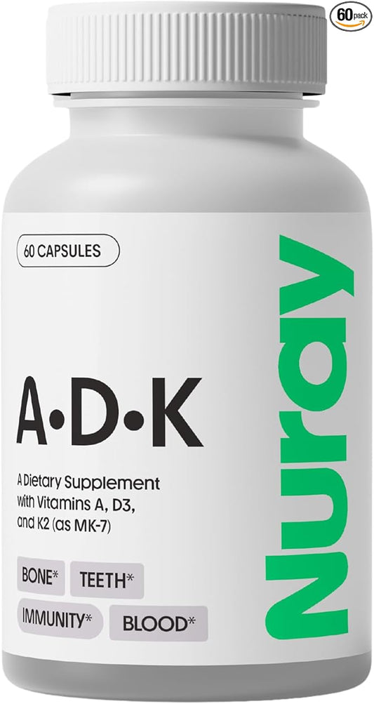Nuray ADK Supplement - Essential Vitamin Complex for Immune Support, Bone Health, Teeth and Energy - with Vitamin A, D3, & K2 (as MK-7) - Vegetarian, Gluten Free & Soy Free - 60 Capsules
