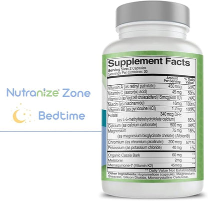 Zone Calcium Supplement, Magnesium Glycinate, Vitamin D3, K2 MK7, Methylfolate, Berberine, Chromium Picolinate, Cinnamon, Melatonin (60 Count of Both Bottles)