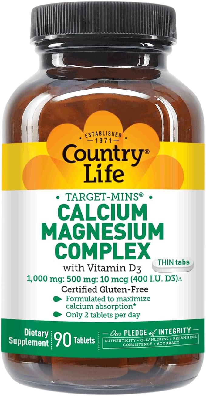 Country Life Calcium Magnesium Zinc with Vitamin D3 and L-Glutamic Acid, Dietary Supplement for Bone Support, Certified Gluten Free, 1000mg/500mg/25mg, 180 Tablets