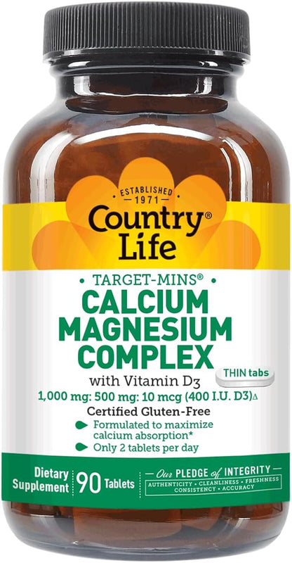 Country Life Calcium Magnesium Zinc with Vitamin D3 and L-Glutamic Acid, Dietary Supplement for Bone Support, Certified Gluten Free, 1000mg/500mg/25mg, 180 Tablets