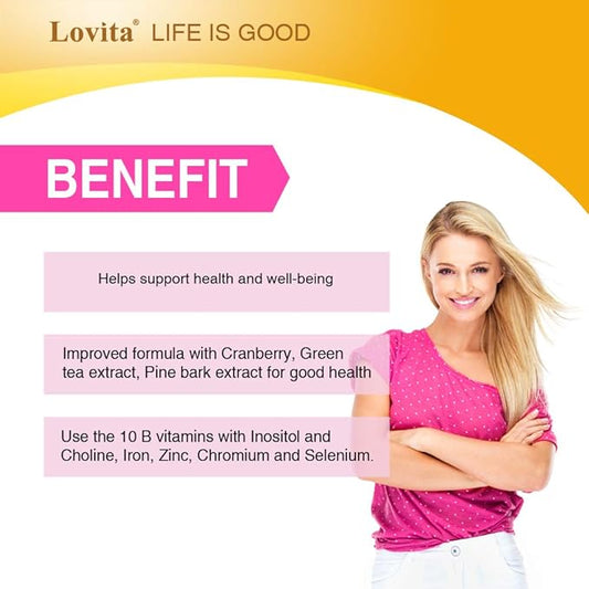 Lovita B Complex Supplement for Women - High Potency Timed Release with Iron, Vitamin C, Cranberry, Pine Bark, Green Tea, 30 Vegetarian Tablets