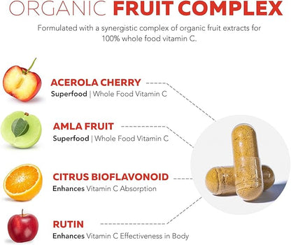 Organic Vitamin C | Whole Food Vitamin C from Fruit Plus Absorption Enhancing Cofactors - Vegan, Enhanced Bioavailability - Immune Support, Antioxidant, Total Health (90 Servings)