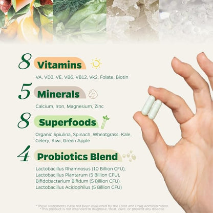 Zenkgo Multivitamins + Organic Whole Foods+Probiotics for Women, Supports Immunity, Digestion, Energy, Gut Health, Vitamins A, E, B6, B12, Vegan D3, K2 (MK-7), Folate, Minerals, Superfoods(60Ct/30Day)
