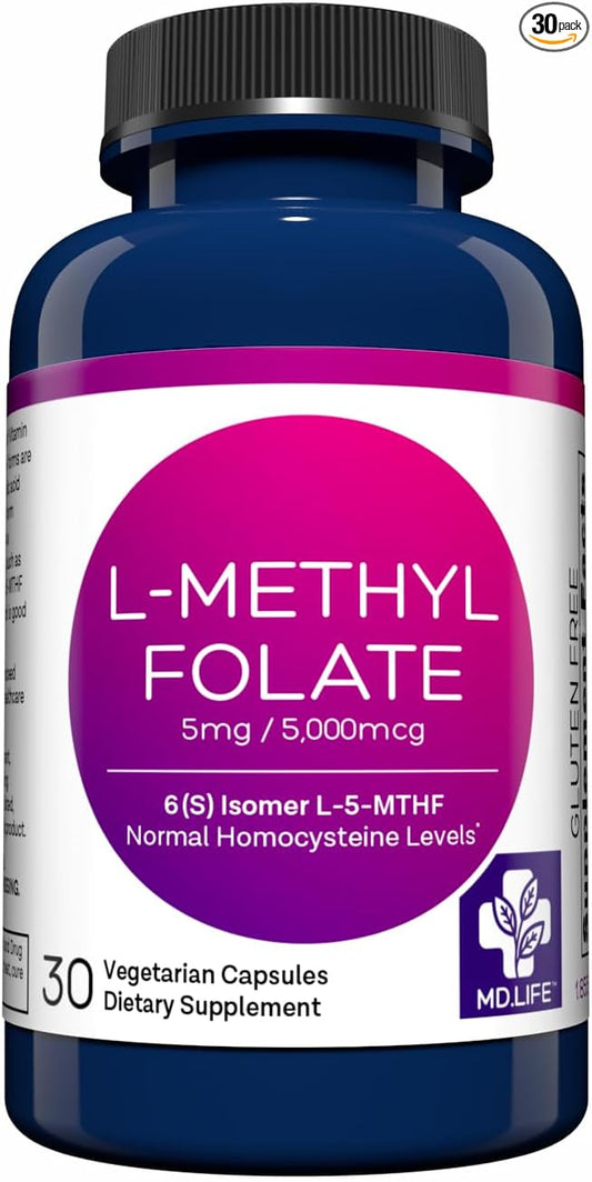 MD.LIFE L-Methylfolate|5-MTHF| 5 Miligrams| 30 Capsules| Metabolically Active Form of Folic Acid|