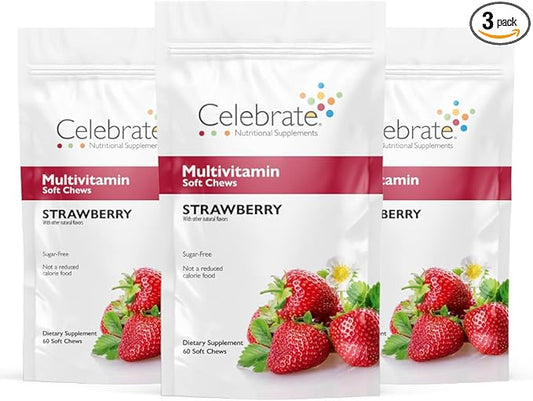 Celebrate Vitamins Bariatric Multivitamin Soft Chews - Essential Vitamins & Minerals, Sugar & Gluten Free - Gastric Bypass & Sleeve Gastrectomy Supplement - Strawberry (180ct)