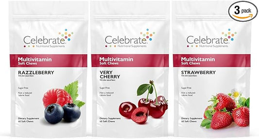 Celebrate Vitamins Bariatric Multivitamin Soft Chews - Essential Vitamins & Minerals, Sugar & Gluten Free - Gastric Bypass & Sleeve Gastrectomy Supplement - Berry/Strawberry/Cherry (180ct)