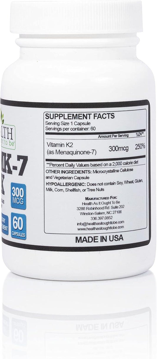 Health As It Ought To Be Vitamin K2 MK7 MAX Extra Strength 300mcg Supplemeny | Soy Free, Proven Bioavailability & Safety | 60 Capsules