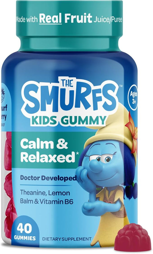 Smurfs Kids Calm Gummies | Calming Gummies for Kids with Lemon Balm & L Theanine | Made with Real Fruit | Doctor Developed | Gelatin Free Non-GMO No Artificial Flavors or Colors | 20 Servings