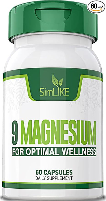 Magnesium Supplement with 9 Forms of High Absorption Magnesium Glycinate, L-threonate, Citrate, Malate and More for Muscle, Brain Support, Non-GMO, Gluten & Soy Free, 60 Capsules