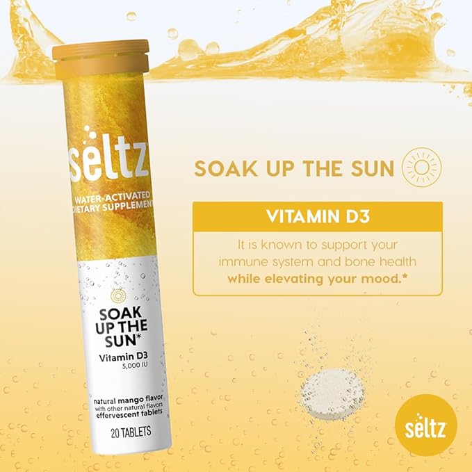 Seltz® Water-Activated Vitamins - Soak up The Sun with Vitamin D3 (5,000 IU) – Natural Mango Orange Flavor Dietary Supplement - 6 Packs x 20 Effervescent Tablets Each