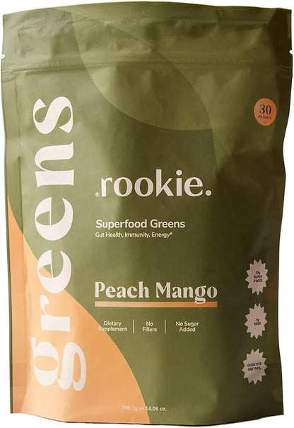 Rookie Wellness Greens + Superfoods - Greens Superfoods Powder Drink Made with Whole Food Sourced Ingredients Contains Vitamins, Probiotics, Antioxidants, and Baobab Fiber (30 Servings, Peach Mango)