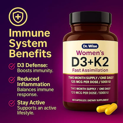 Dr. Wise Vitamin D3 + K2 – 5000 IU D3 with MK-7, One Per Day, for Strong Bones, Heart Health & Rejuvenated Vitality – Easy Swallow, Non-GMO – 60 Capsules, 2-Month Supply