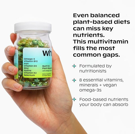Wholier Plant Based Multivitamin Vegan Omega-3 DHA EPA, Vitamin D, Vitamin B12, Zinc, Vitamin K2, Iron, Iodine, Selenium. 60 Count (30-Day Supply) Glass Bottle