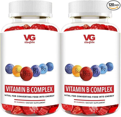 B Complex Gummy Vitamins - Strawberry Flavor with Vitamin C, Niacin, B6, B12 & Biotin for Energy, Heart Health and Brain Support, 120 Count (Pack of 2)
