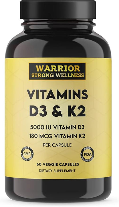 Vitamin D3 and K2 Supplement - 5000IU Vitamin D3 and 180MCG Vitamin K2 Supplement - Immune, Heart Health - 2 Month-Supply, 60 Veggie Capsules