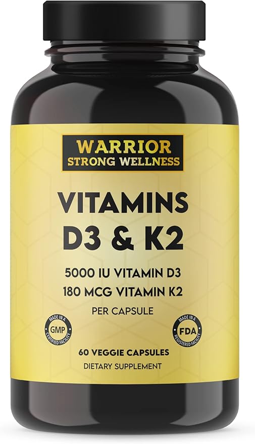 Vitamin D3 and K2 Supplement - 5000IU Vitamin D3 and 180MCG Vitamin K2 Supplement - Immune, Heart Health - 2 Month-Supply, 60 Veggie Capsules