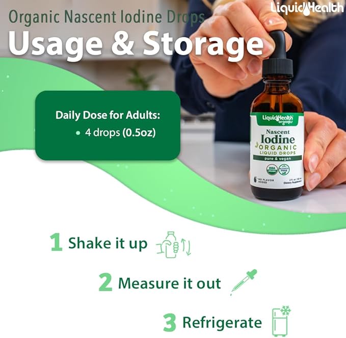 LIQUIDHEALTH USDA Organic Nascent Iodine Liquid Drops, Pure Iodine Supplement for Thyroid & Immune Support, Energy Supplement - Made in USA, Vegan, Colorless, Tasteless Tincture (2 oz)