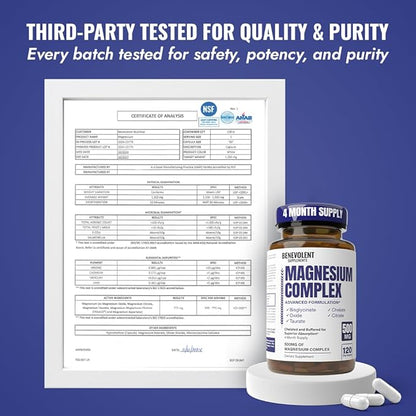 Magnesium Complex Supplement, 4 Month Supply of 500mg 5-in-1 Bisglycinate, Oxide, Taurate, Aspartate, Citrate, Max Absorption Magnesium Supplement for Calm, Sleep & Leg Cramps, 120 Capsule