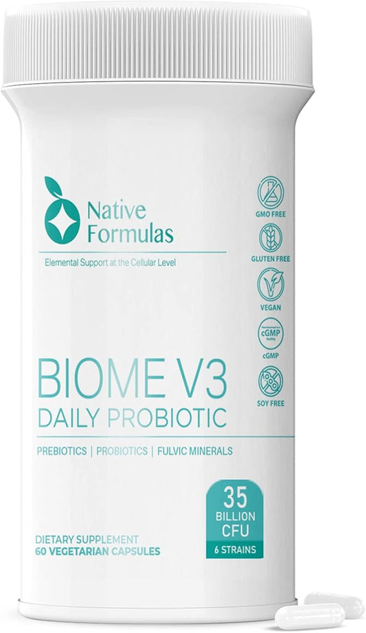 Biome V3 Probiotic, Prebiotic, & Fulvic Minerals Supplements - 35 Billion CFU - 6 Strains - 60 Vegan Capsules - Women & Men - FODMAP Friendly - Supports Digestive, Immune & Gut Health