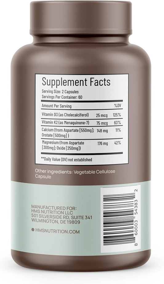 Calcium, Magnesium, Vitamins D3 + K2 for Bone Health, Immune Support, Bones & Teeth Calcium Supplement for Women & Men, Non-GMO, Gluten-Free, 120 Capsules