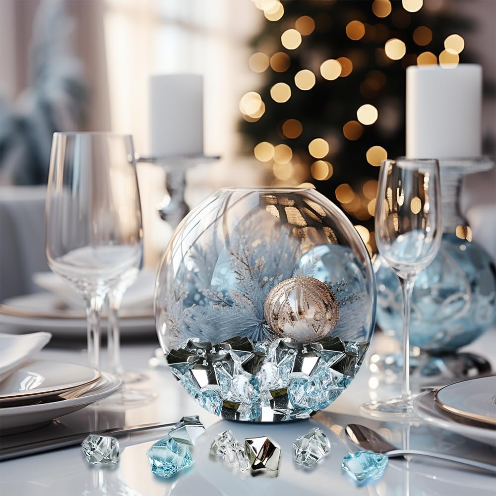 HappyFiller 14 OZ Fake Ice Rocks Cubes Acrylic Gems Stones for Winter Decorations,Christmas Vase Fillers,Wedding Table Scatters,Crafts,Home Centerpieces,Clear,Sea Blue,Silver Mix