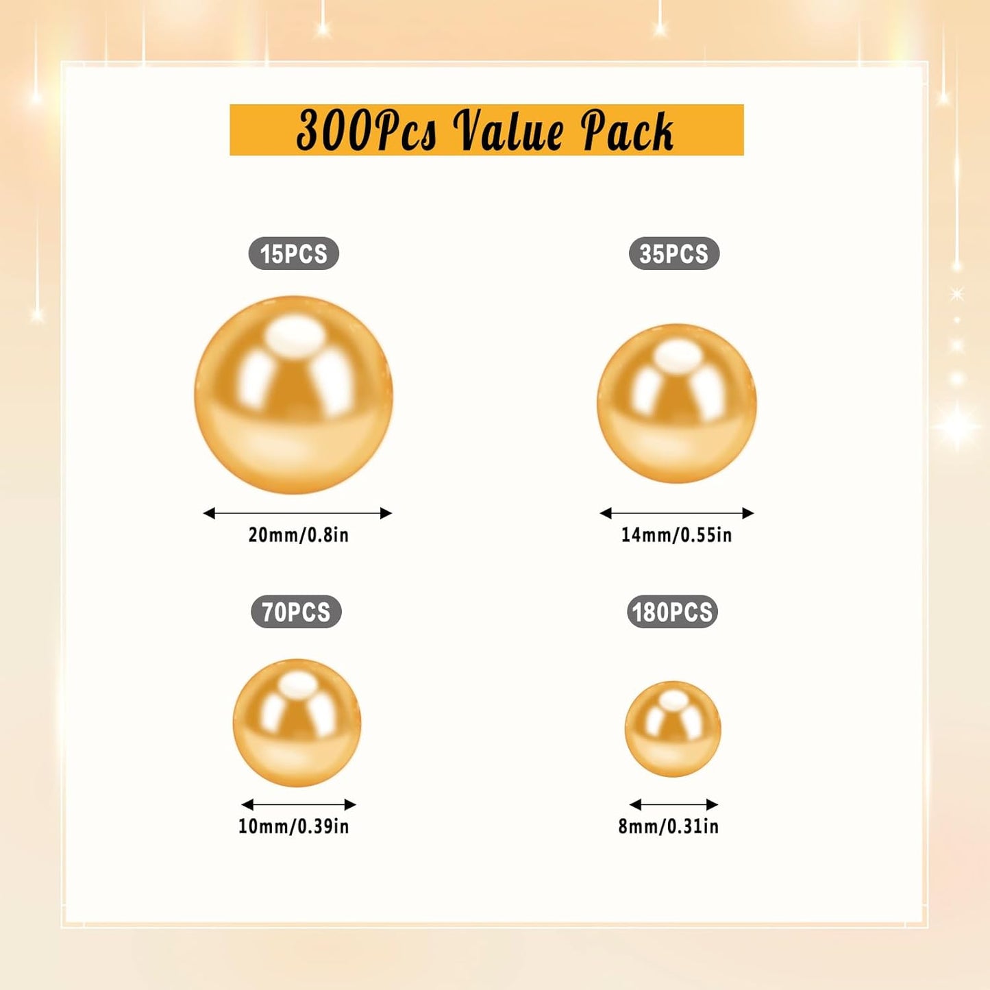 300Pcs Pearl Vase Filler, Gold No Hole Faux Pearl Beads for Centerpieces Vases, Candle Centerpieces, Wedding Birthday Party Home Decor 8/10/14/20mm