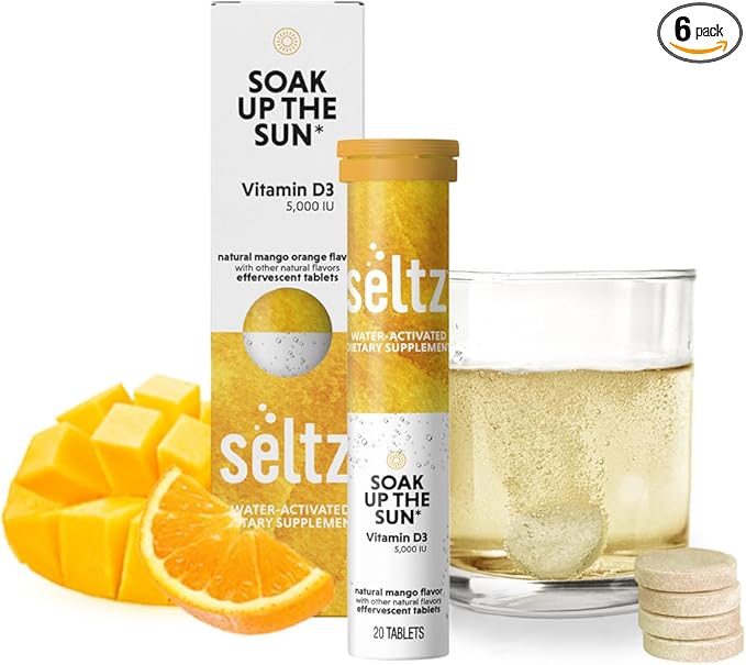 Seltz® Water-Activated Vitamins - Soak up The Sun with Vitamin D3 (5,000 IU) – Natural Mango Orange Flavor Dietary Supplement - 1 Pack x 20 Effervescent Tablets