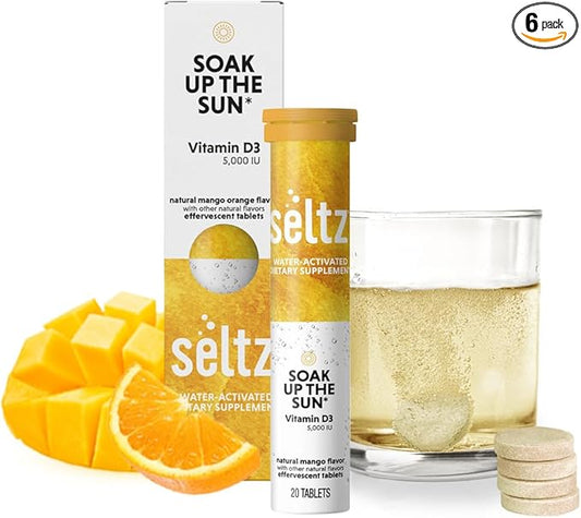 Seltz® Water-Activated Vitamins - Soak up The Sun with Vitamin D3 (5,000 IU) – Natural Mango Orange Flavor Dietary Supplement - 1 Pack x 20 Effervescent Tablets