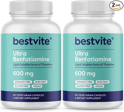 Ultra Benfotiamine 600mg per Capsule (120 Vegetarian Capsules) (60x2) No Stearates - No Silicon Dioxide - Vegan - Non GMO - Gluten Free - Maximum Strength Benfotiamine