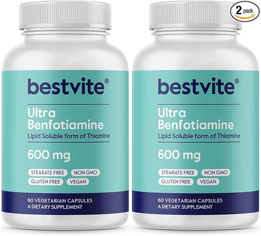 Ultra Benfotiamine 600mg per Capsule (120 Vegetarian Capsules) (60x2) No Stearates - No Silicon Dioxide - Vegan - Non GMO - Gluten Free - Maximum Strength Benfotiamine