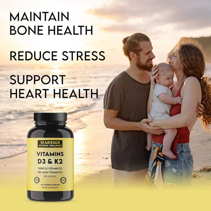 Vitamin D3 and K2 Supplement - 5000IU Vitamin D3 and 180MCG Vitamin K2 Supplement - Immune, Heart Health - 2 Month-Supply, 60 Veggie Capsules